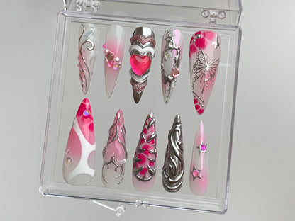 Pink Heart Press-On Nails with Sweet Romance.