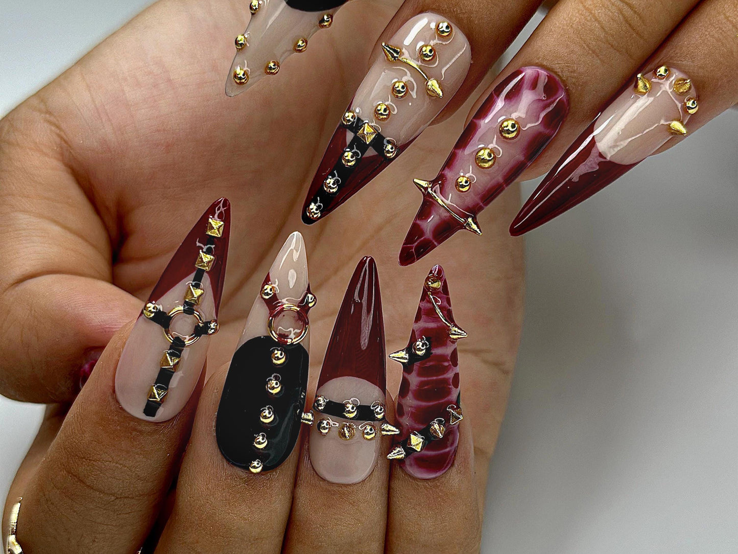 Gothic Luxe Spike Press On Nails  Burgundy Studded Nails
