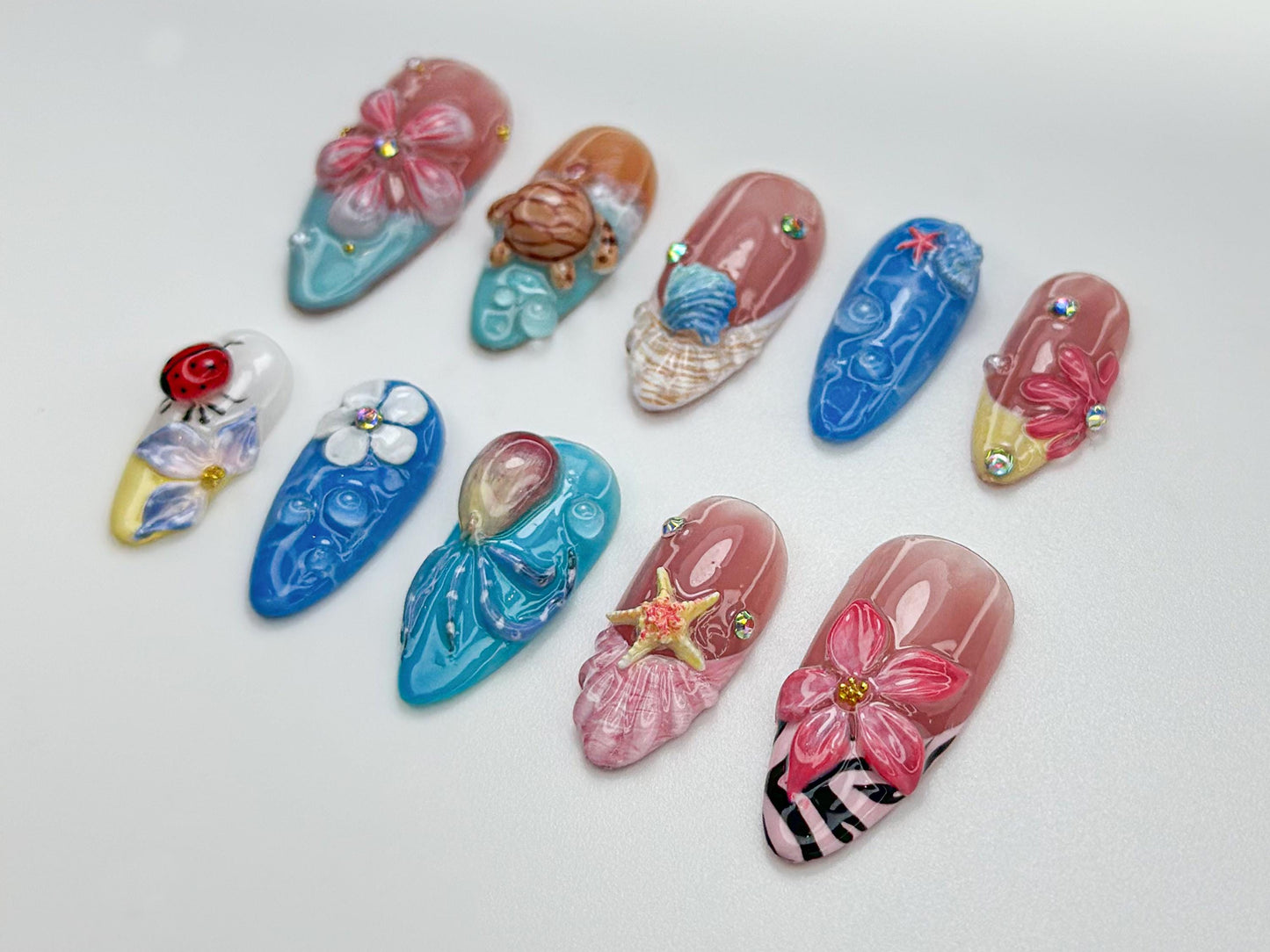 Ocean Floral 3D Nail Art - Turtle & Starfish Designs, Acrylic Nails
