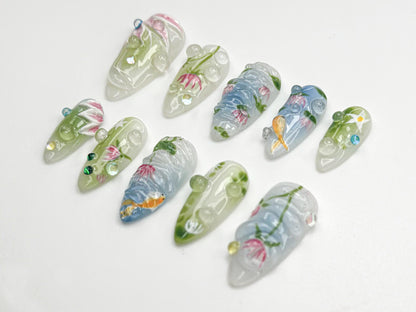 Stunning 3D Floral Fish Press-On Nails