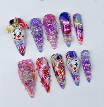 Whimsical Circus Clown 3D Press On Nails Set
