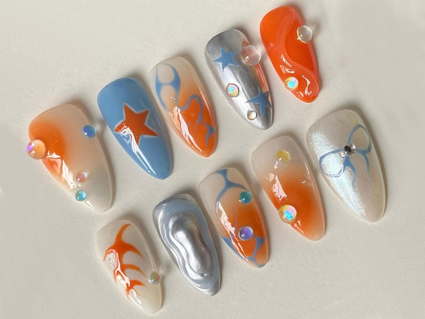 Retro Fire Star Flame Chrome Press On Nails Set