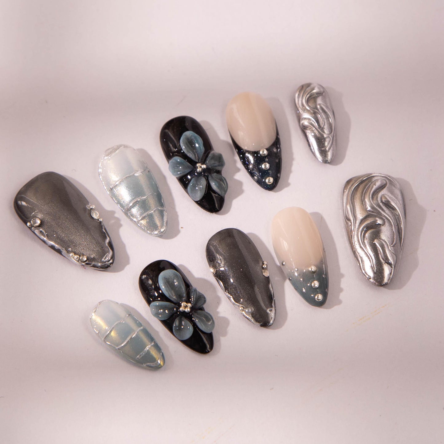 Y2K Black Silver Chrome Nails