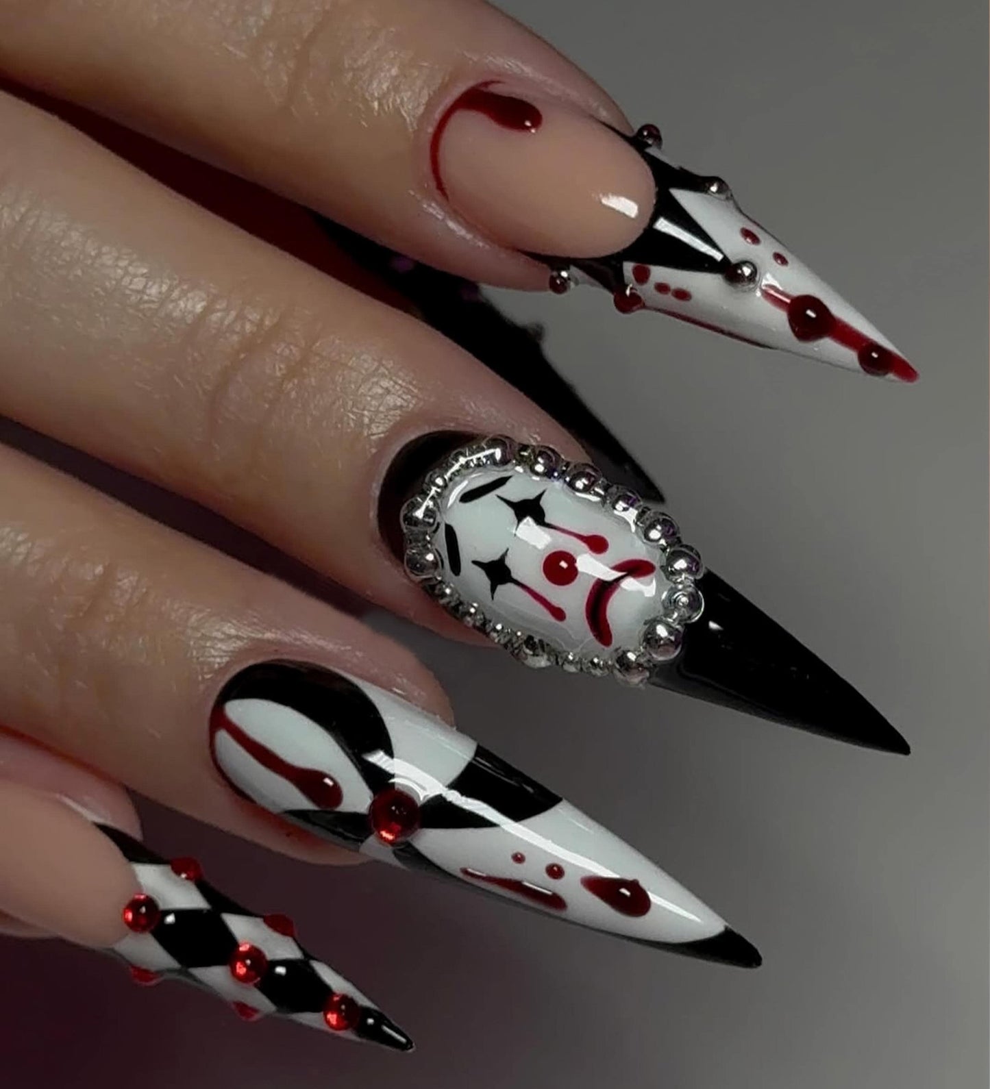 Harlequin Gothic Press-On Nails with Clown Face and Blood Drip Design