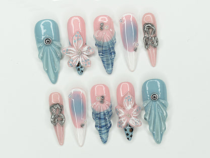 Pastel Chrome Plaid 3D Butterfly Press On Nails