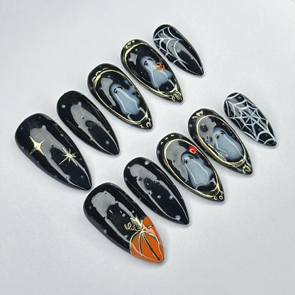 Spooky Halloween Press On Nails - Haunted Ghost Pumpkin Halloween Nail Set