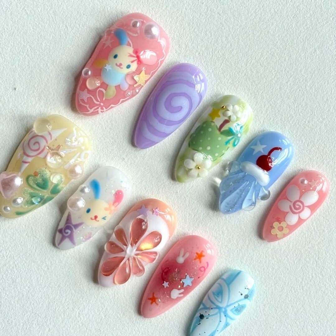 Vibrant 3D Nail Art Set - Cute, Colorful Designs