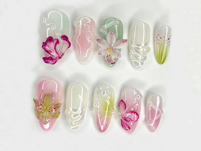 Elegant 3D Floral Press-On Nails, Pink Glow Set