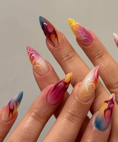 Rainbow Ombre Flame Press-On Nails with Fiery Charm