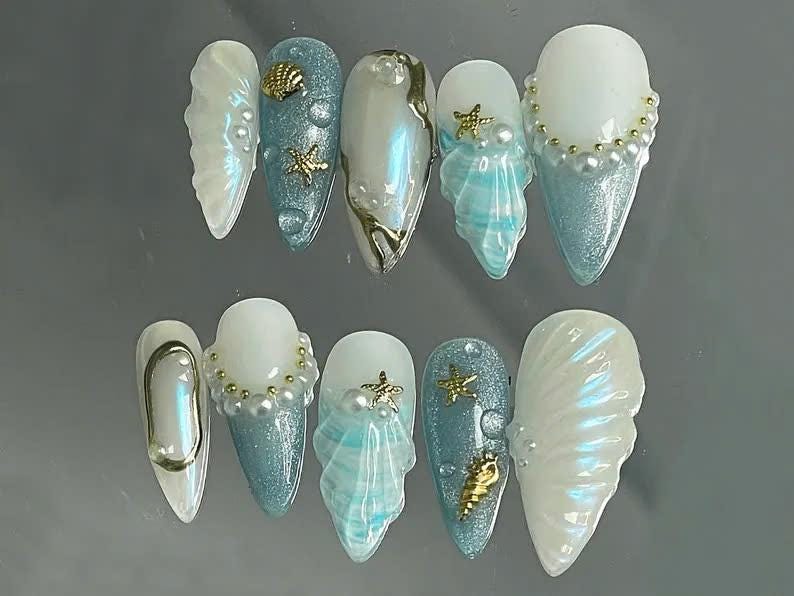 Stunning Seashell Acrylic Nails - Ocean Glam Set