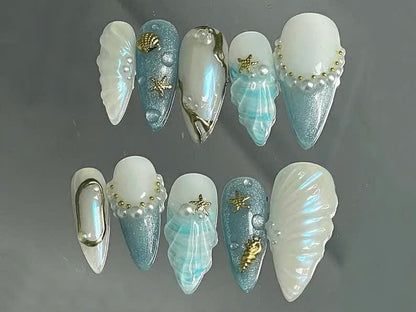 Stunning Seashell Acrylic Nails - Ocean Glam Set
