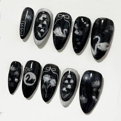 Black Swan Press On Nails Elegant Gothic Art