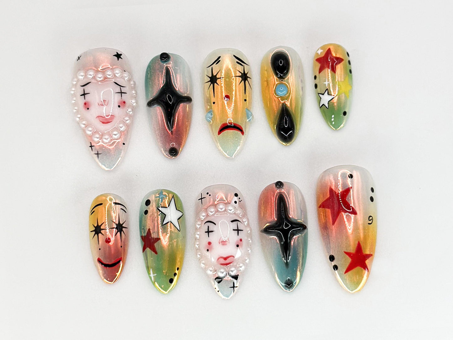 Clown Press-On Nails with Iridescent Pearls & Stars – Trendy Nail Art
