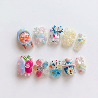 3D Cute Whimsical Character Kawaii Square Press On Nails Set