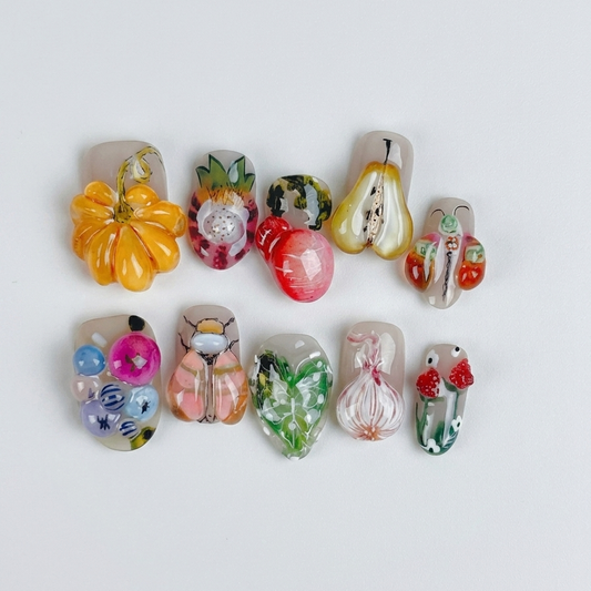 3D Harvest Garden Fruit and Vegetable Almond Press On Nails Set