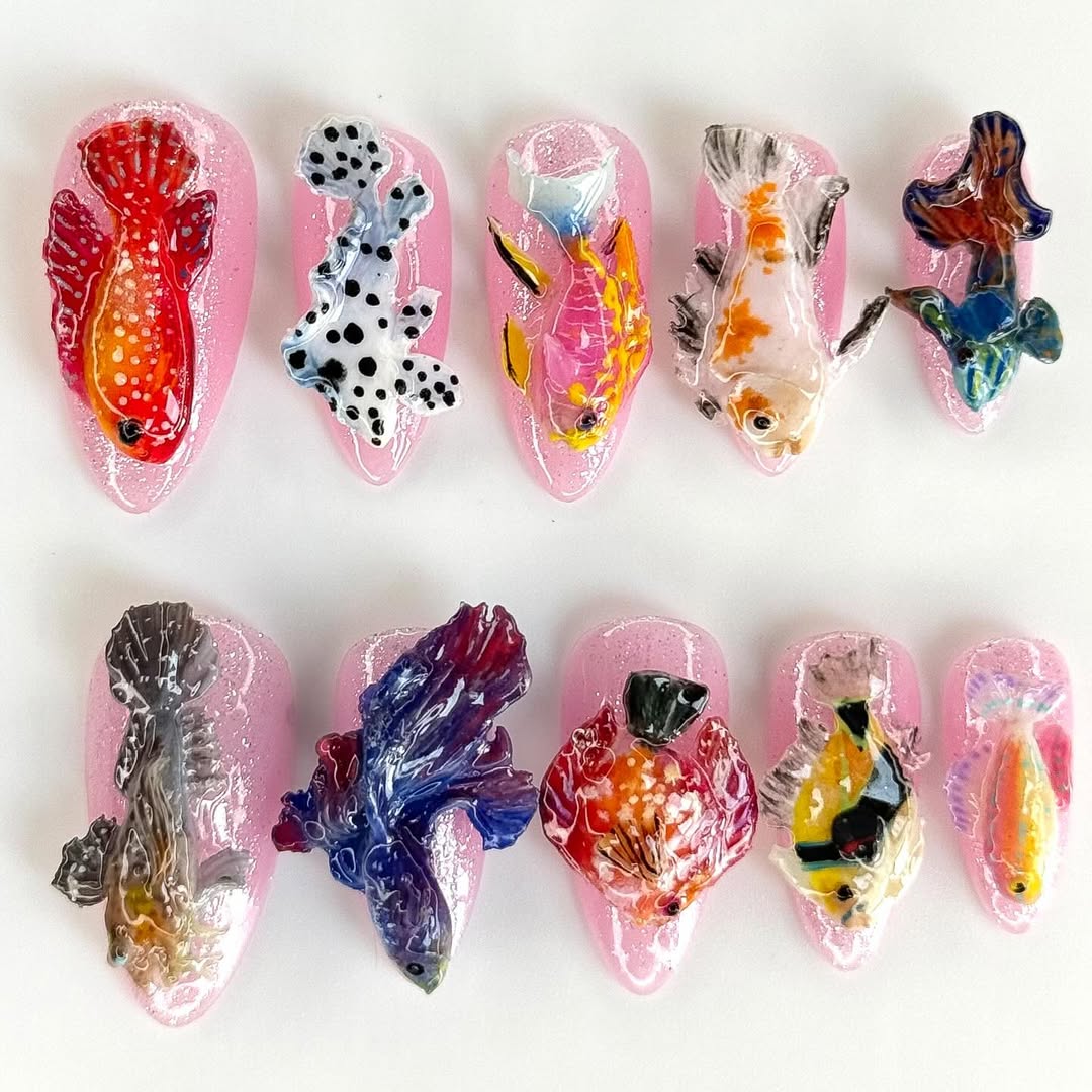 3D Koi Fish Press On Nails Pink Jelly Japanese Art Set
