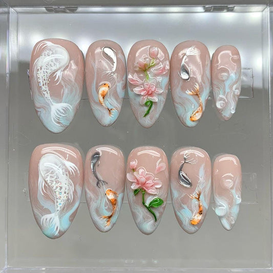 3D Koi Pond Blossom Press On Nail Set