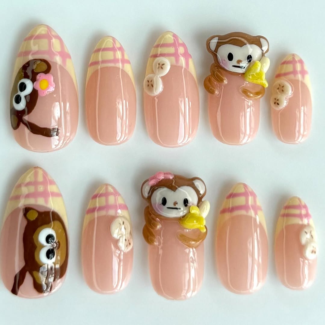 3D Monkey Press On Nails Nude Pink Cute Animal Art Set