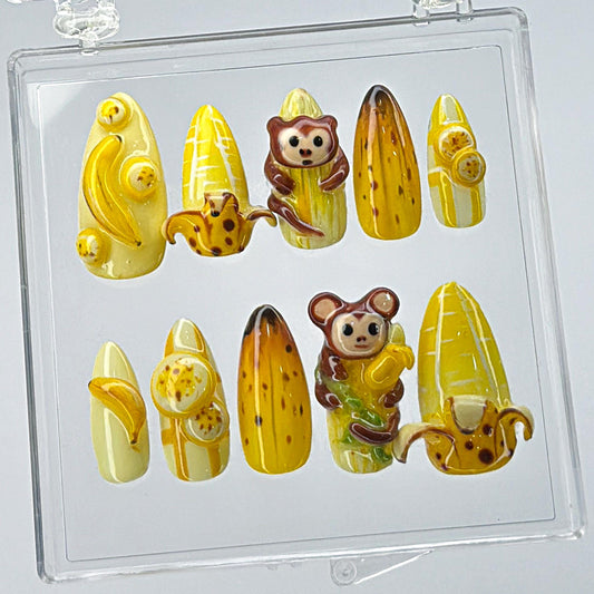 3D Monkey Press On Nails with Bananas