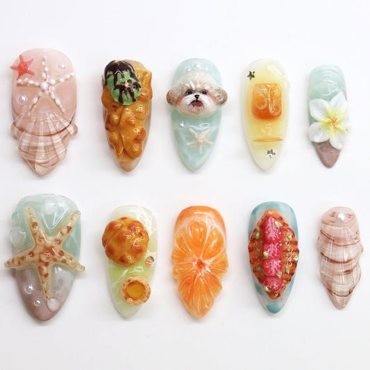 3D Ocean Dessert Press On Nails - Starfish & Citrus Designs