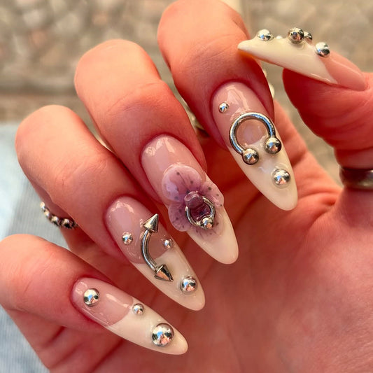 3D Orchid Piercing Press On Nails with Metallic Charms
