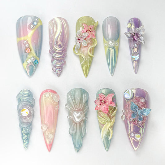 3D Pastel Press-On Nails – Floral & Butterfly Design