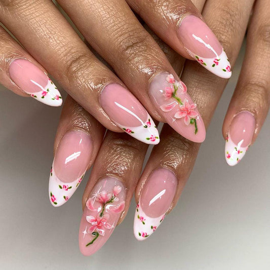 3D Pink Blossom French Tip Press Nails