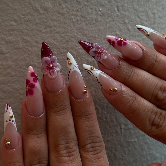 3D Pink Flower Press-On Nails with Pearl Accents.