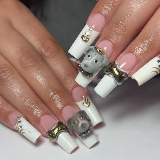 3D Puppy Charm Press-On Nails with Bone Accents