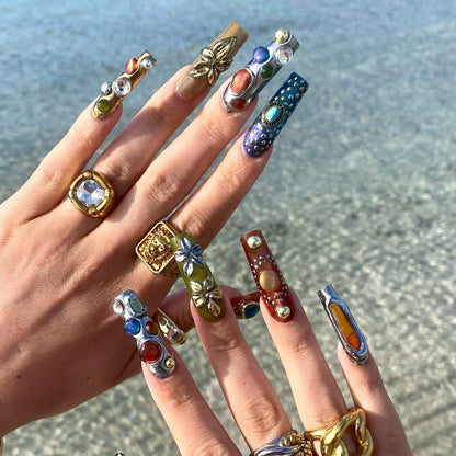 3D Retro Statement Nails Bold Metallic Design