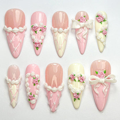3D Rose & Lace Bridal Press-On Nails