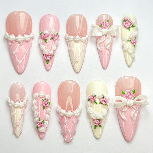 3D Rose & Lace Bridal Press-On Nails