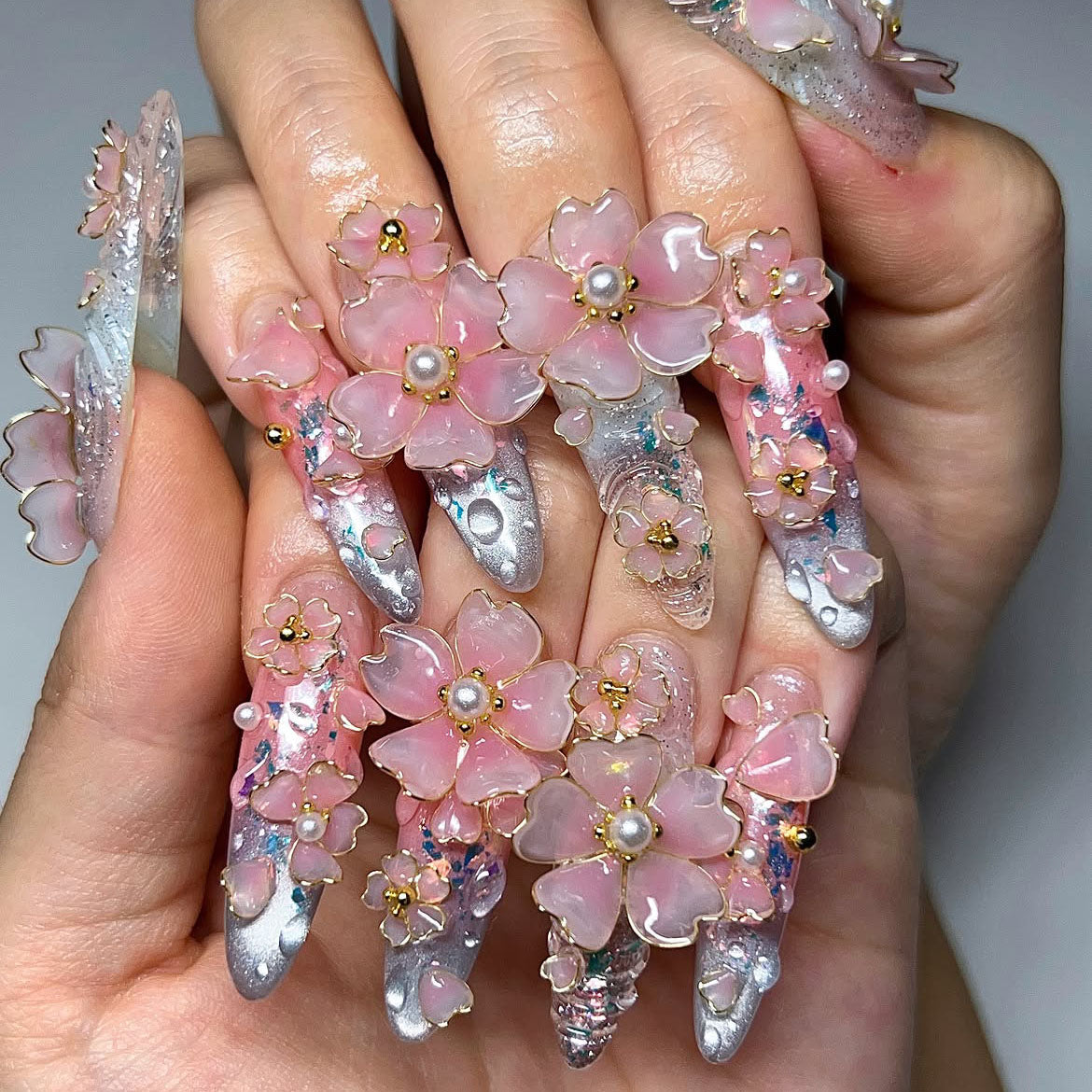 3D Sakura Floral Luxury Chrome Handmade Press On Nail Set