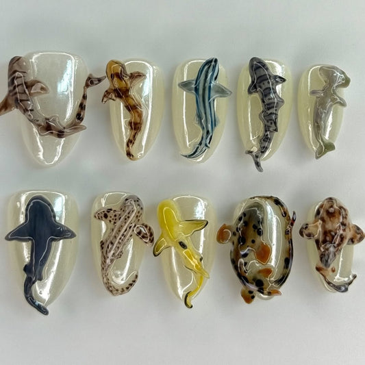 3D Shark Press On Nails Clear Jelly Ocean Animal Art Set