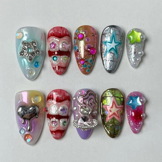 3D Star Heart Nail Art Set - Sparkly Glam Press-Ons