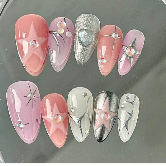 3D Star Pink Chrome Press On Nails Set