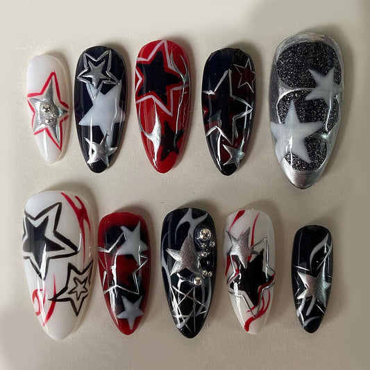 3D Star Press On Nails Red Black White
