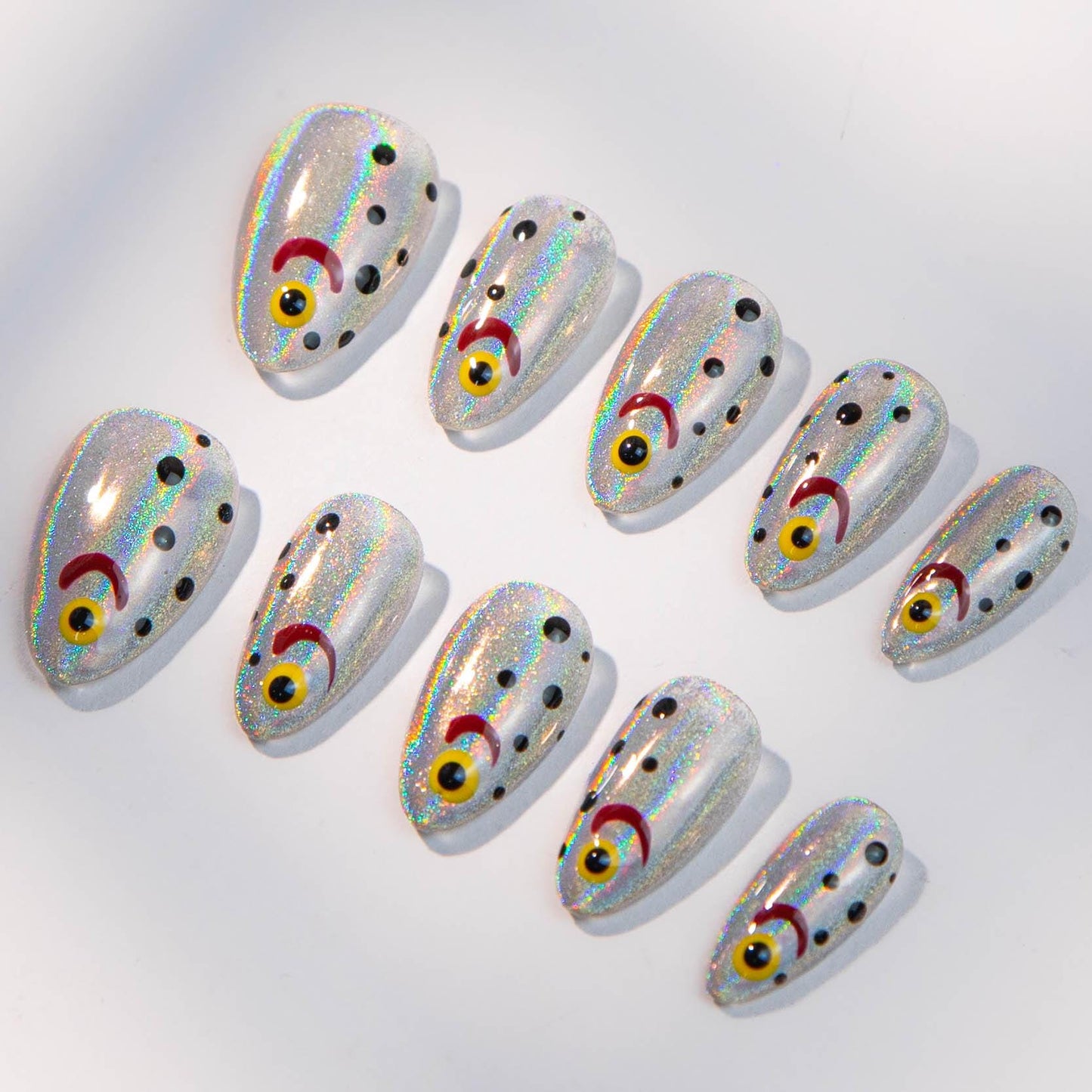 Laser Fishing Nail Art Press-On Nails with Futuristic Flair.