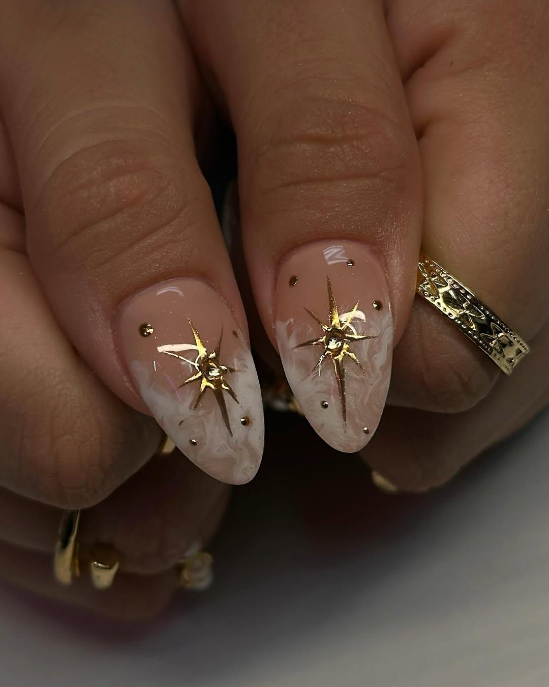Celestial Star Nail Art with Pearl Gold Rings