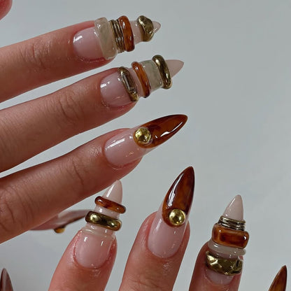 Luxe Brown & Gold Press On Nails  - 3D Stacked Gold Accent Press On Nails