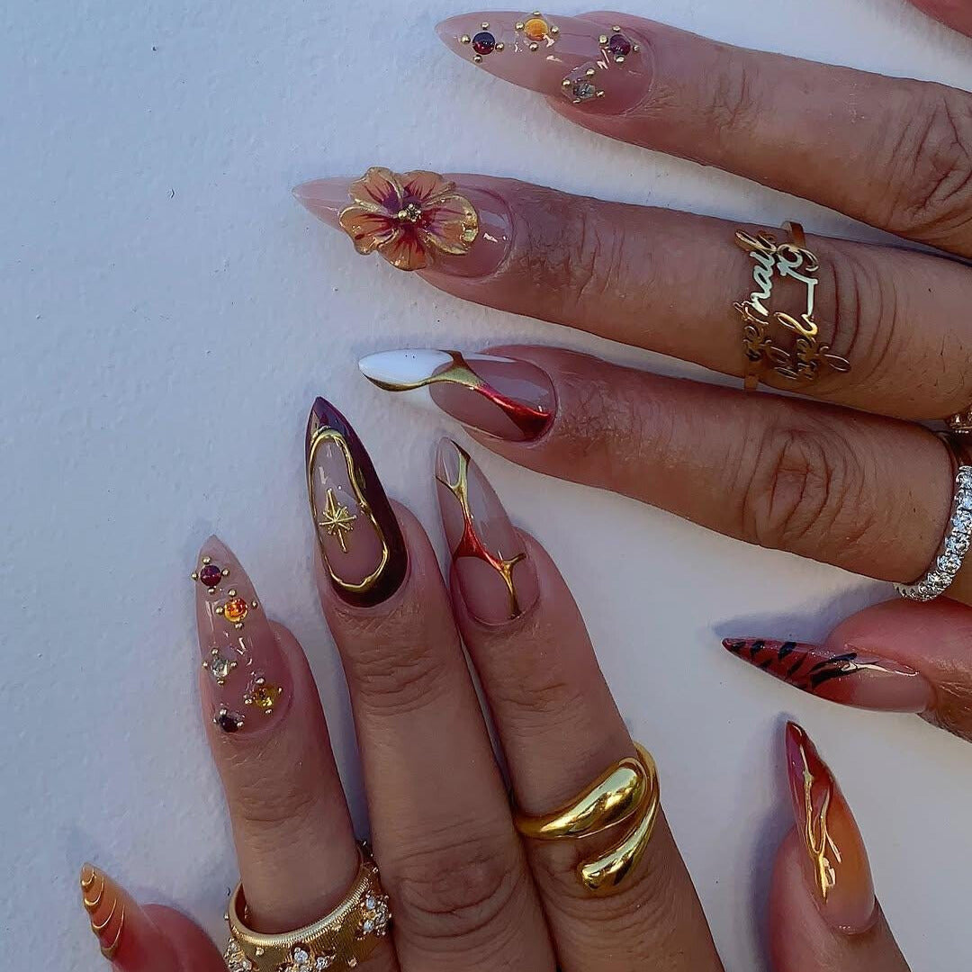 Fall Wedding Press On Nails - Sunset Hibiscus Gold Stiletto Nails