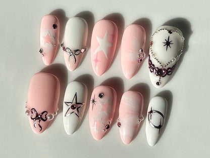 Pink Star Pearl Charm Press On Nails Set