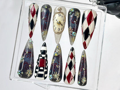 Surreal Harlequin Clock Art Press On Nails Set