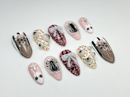 3D Spider & Bear Nail Art Set - Cute Pink Cross Bow Design, Floral Accents
