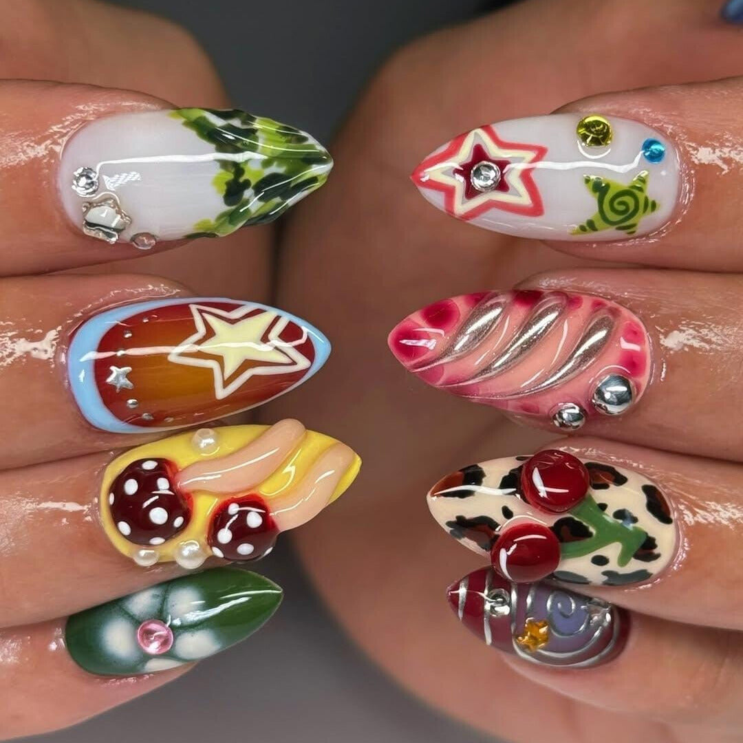 Colorful Press On Nails - Retro Y2K Funky 3D Nail Set