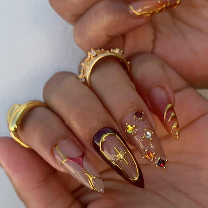 Fall Wedding Press On Nails - Sunset Hibiscus Gold Stiletto Nails