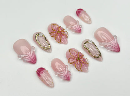 Blush Bloom Elegance Press On Nails 3D Floral Pink Fantasy Set