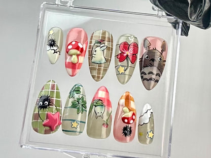 Charming Totoro Mushroom Press-On Nail Set.