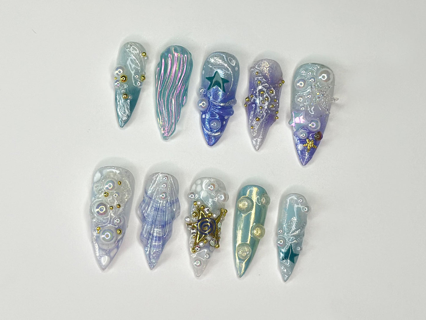 Ocean Fantasy Press On Nails – Iridescent 3D Mermaid Set