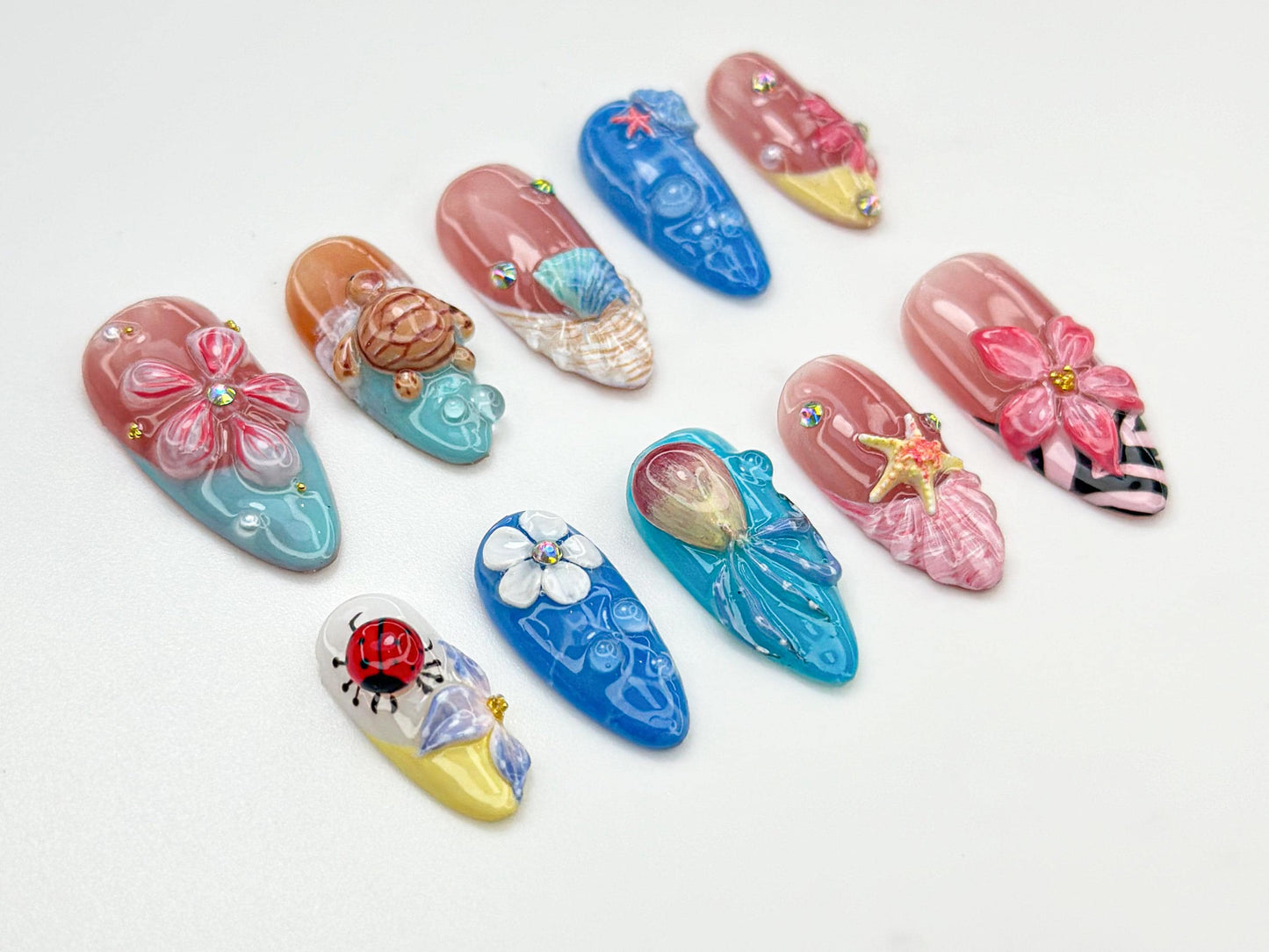 Ocean Floral 3D Nail Art - Turtle & Starfish Designs, Acrylic Nails